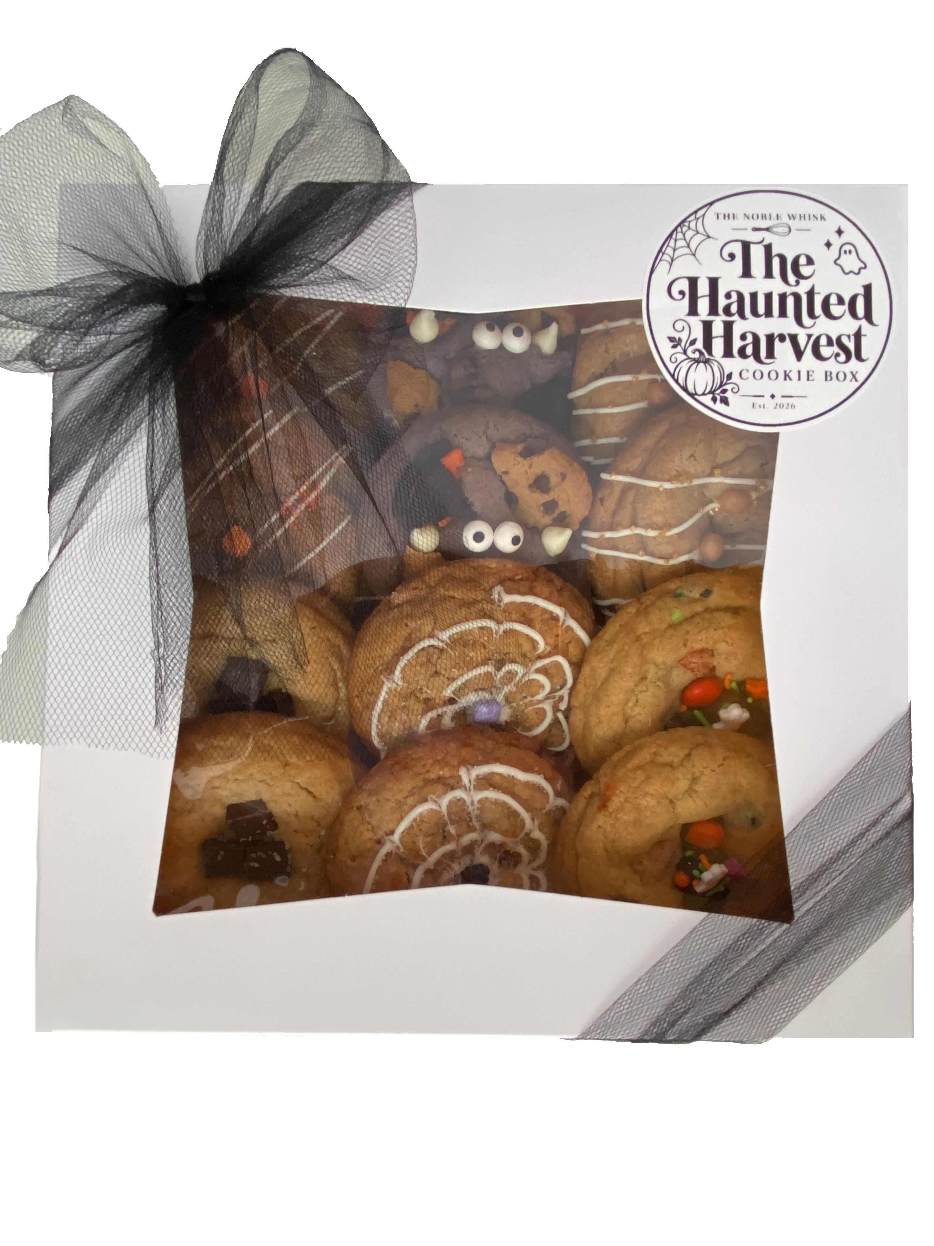 Haunted Harvest box with twelve cookies, two of each October flavor